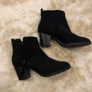 Black ankle booties with black block heel